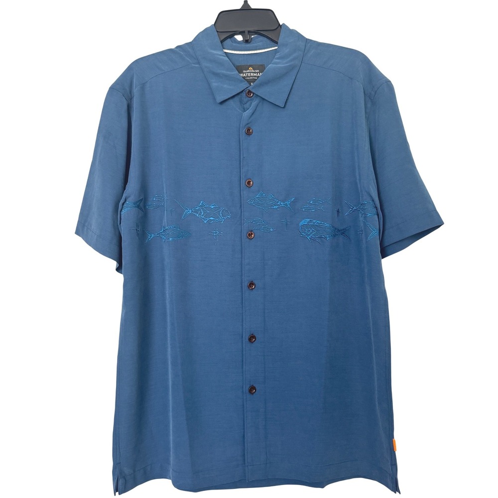NEW Quiksilver Waterman Blue Embroidered Fish Modal Button Down Shirt Size Small